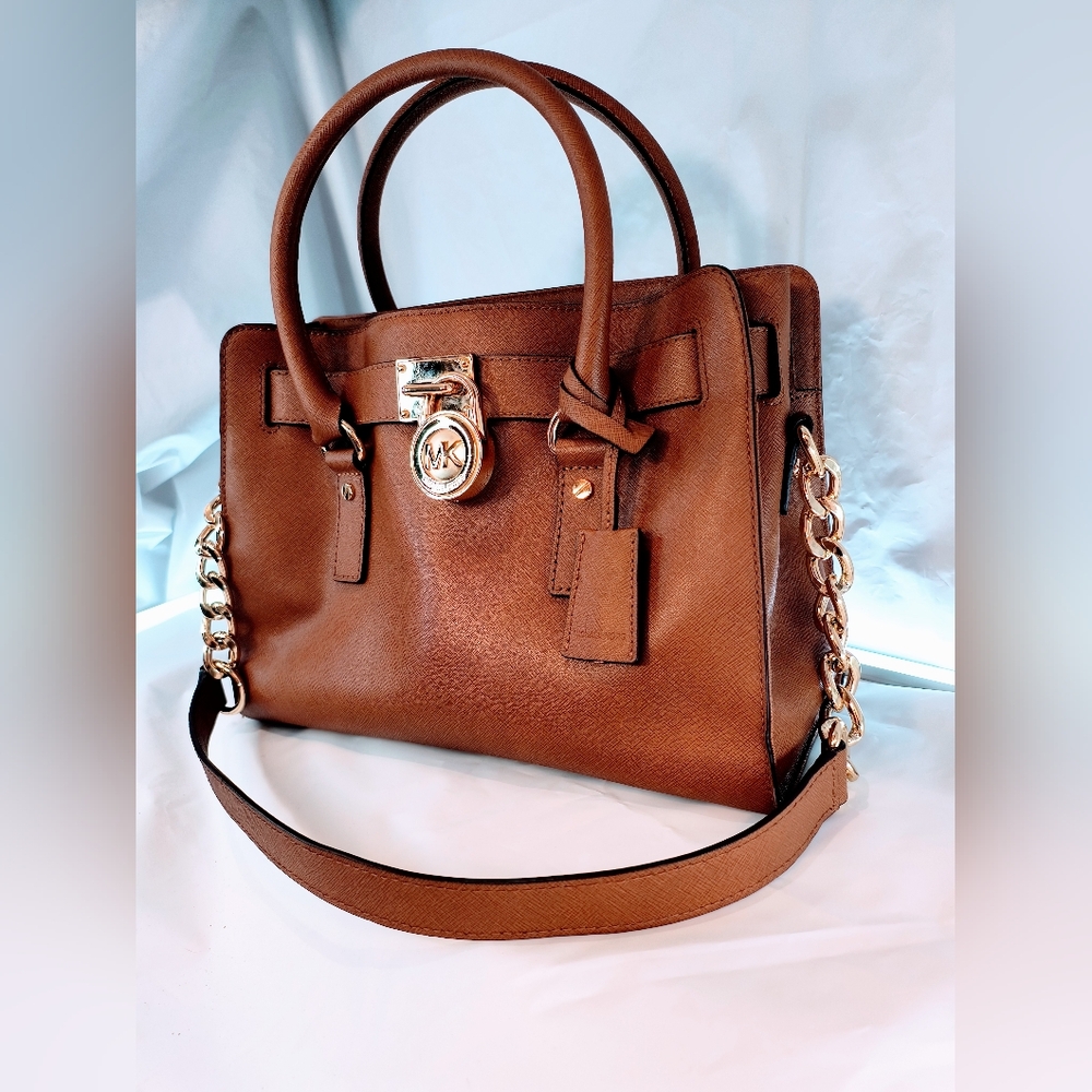 MICHAEL KORS Cognac Hamilton Saffiano Leather Satchel with Gold-Tone Chain Strap